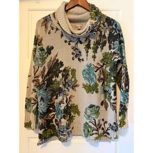 J Jill Floral Blue Green Beige Chunky Knit Sweater Cottage Casual, Women Size S